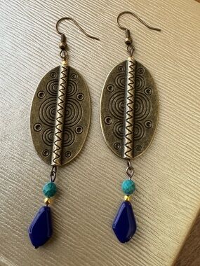 Boho Brass “Shield” Earrings with Genuine Turquoise & Lapis Lazuli Accent Beads